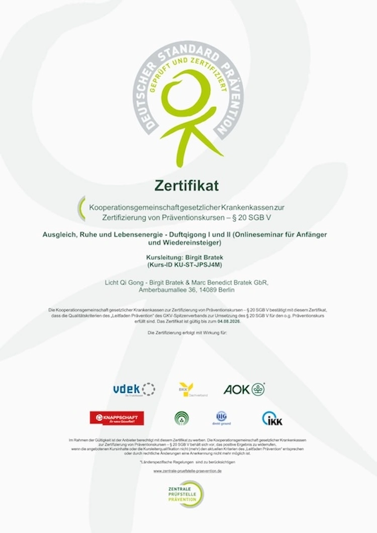 Dieser zertifizierte Qigong-Präventionskurs ist von den Krankenkassen anerkannt und kann online bequem von zu Hause aus besucht werden.