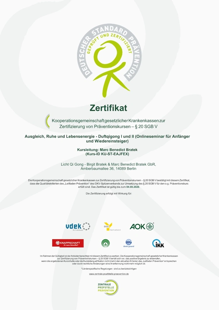Dieser zertifizierte Qigong-Präventionskurs ist von den Krankenkassen anerkannt und kann online bequem von zu Hause aus besucht werden.